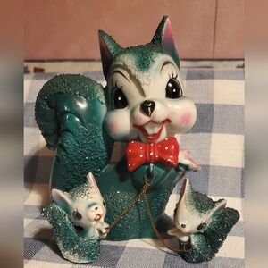 Charming Vintage Teal Squirrel Figurine with Red Bow